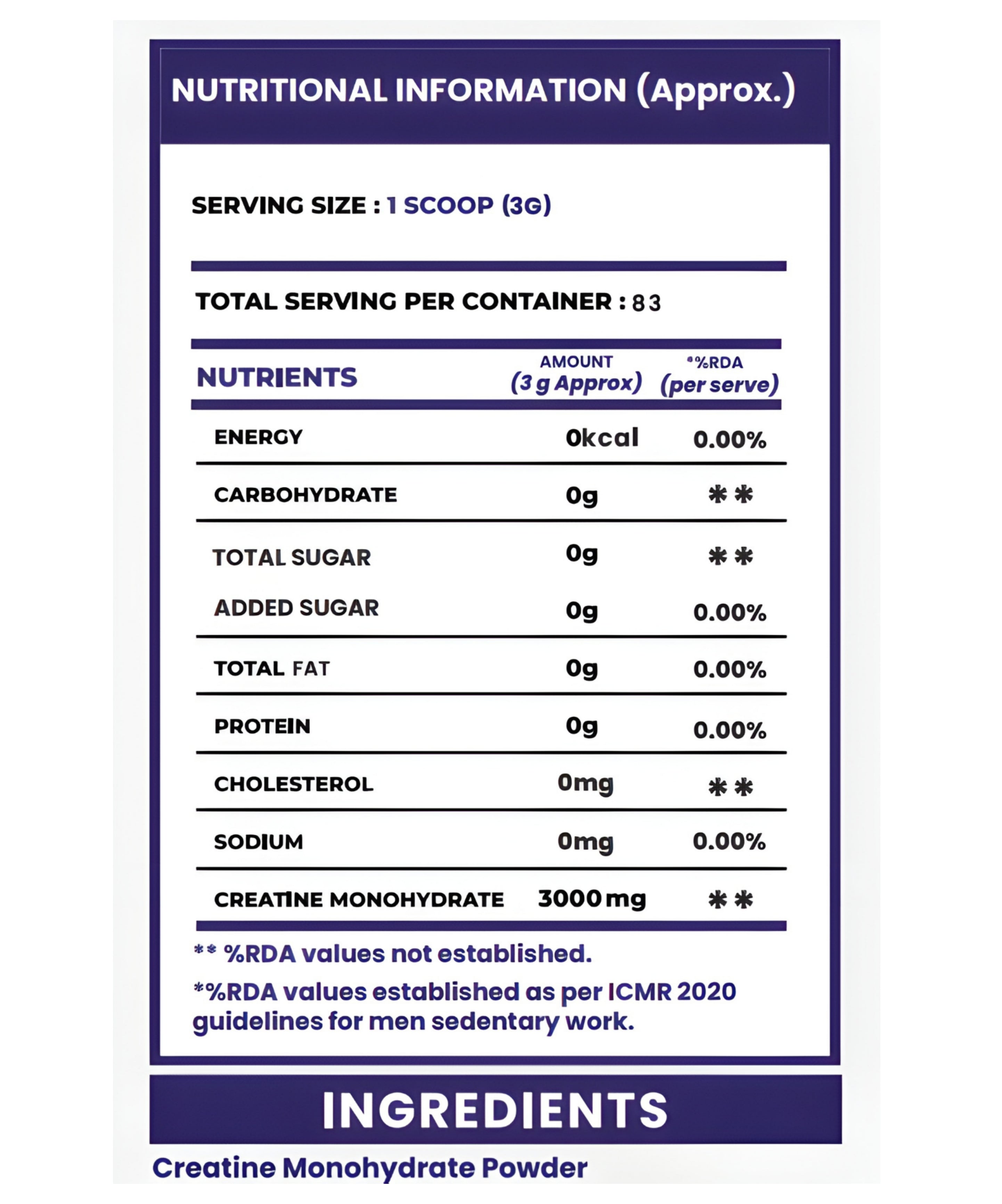 Unflavoured Micronised Creatine Monohydrate Powder 250GM